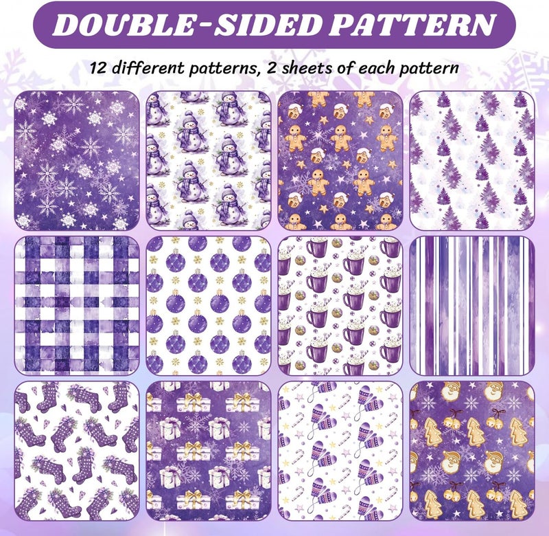 Feivando 24 Sheets Christmas Scrapbook Paper 12'' × 12'' Double-Sided Watercolor Xmas Purple Pattern Paper Decorative Art Cardstock for Holiday DIY Crafts Card Making Scrapbook Supplies - Image 3